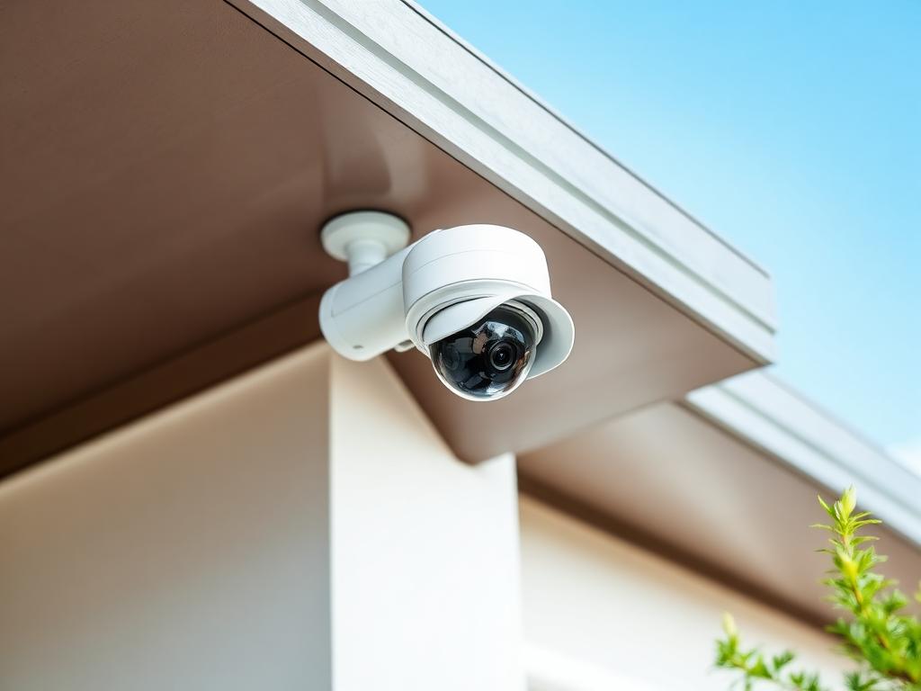 CCTV camera mounted under home eave